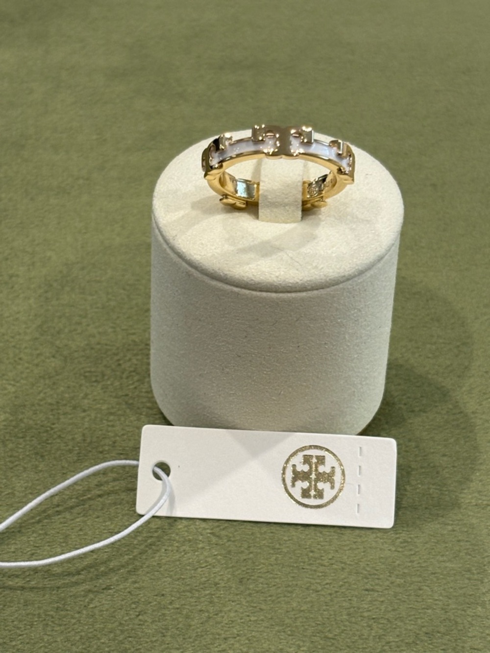 Tory Burch Gold Ring with White Enamel Logo Links - Size 8